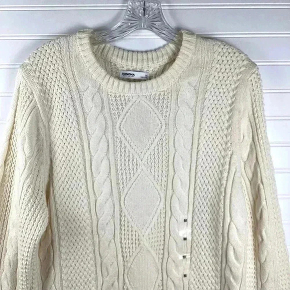 Sonoma NWOT Ivory Cable Knit Fisherman Crew Neck Sweater Size Medium - Picture 2 of 14